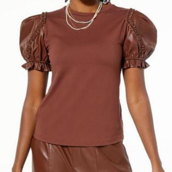 G by Giuliana G-Knit Top with Ruffled Faux Leather Sleeves Brown Size Medium - Picture 4 of 9